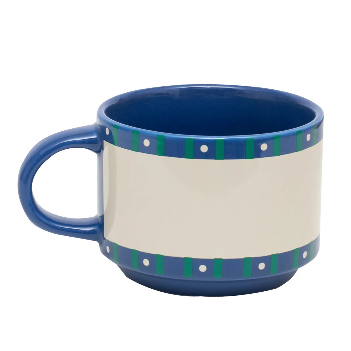 Blue stackable ceramic mug with cream panel and blue-green striped border.
