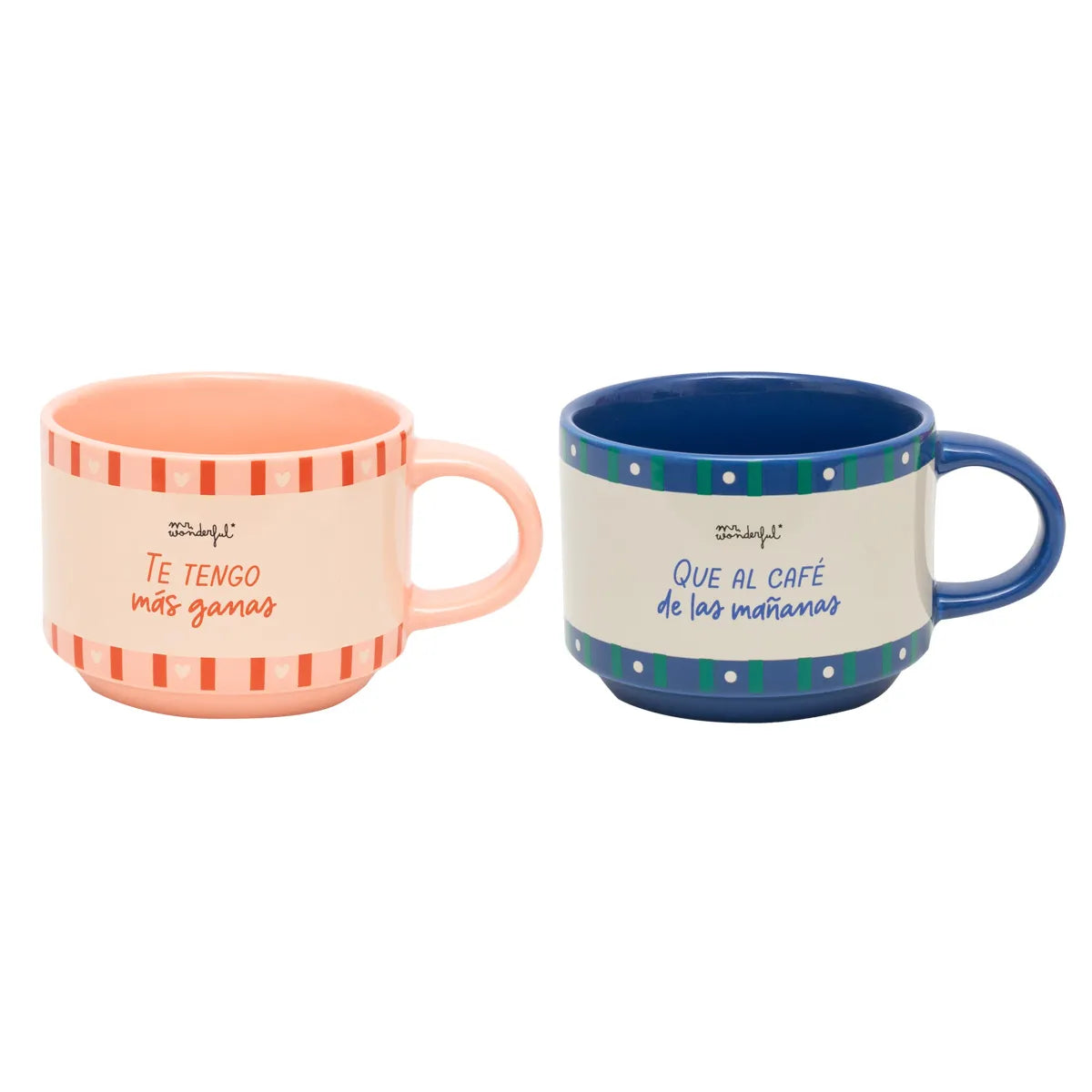 Pair of mugs side by side — peach “Te tengo más ganas” and blue “Que al café de las mañanas.”