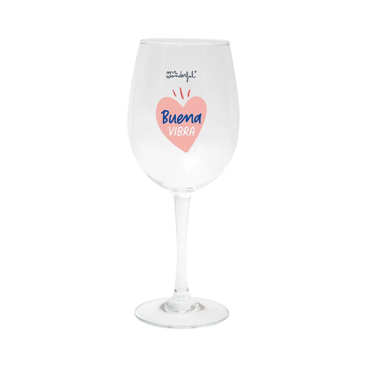 Wine glass with a pink heart and the phrase “Buena vibra.”