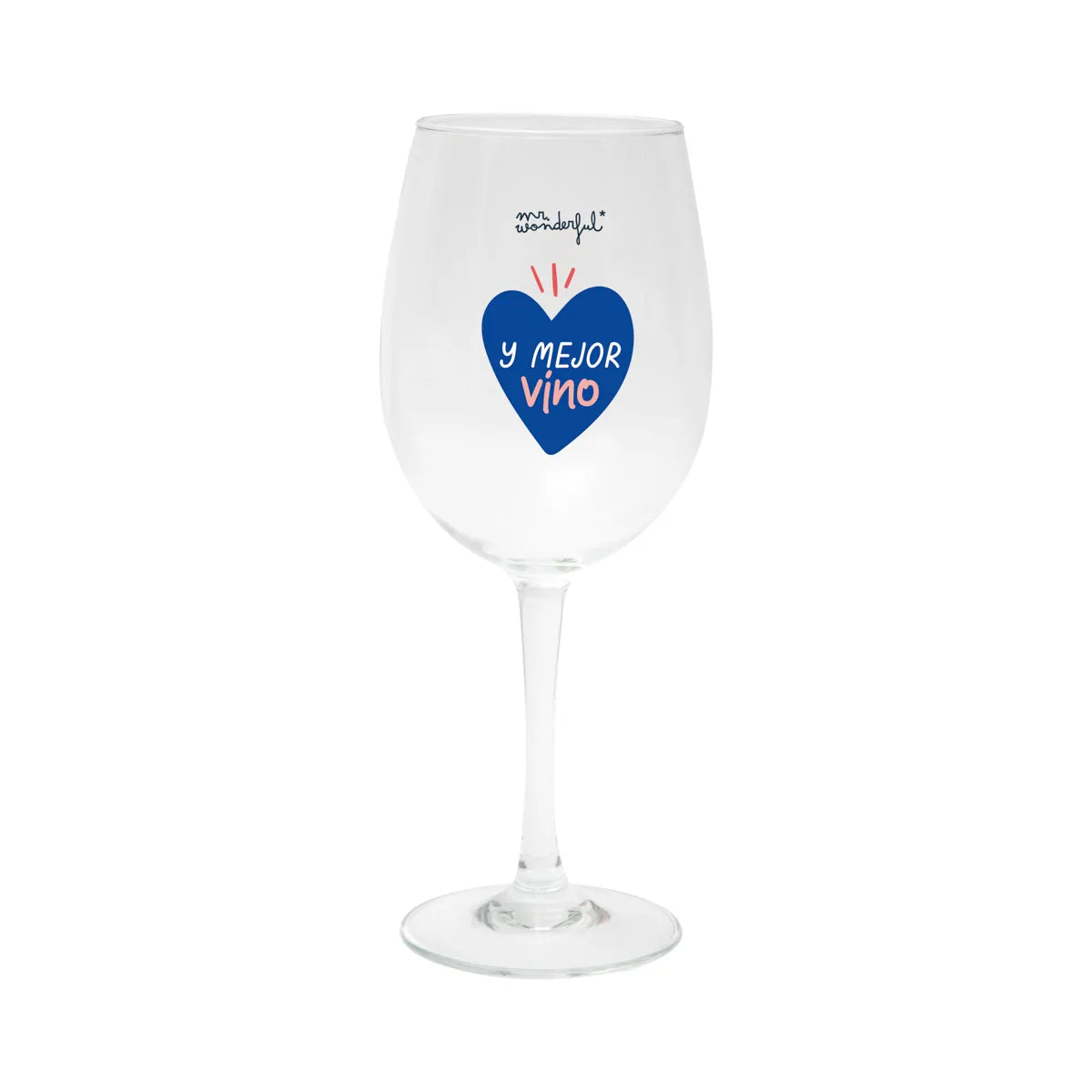 Wine glass with a blue heart and the phrase “y mejor vino.”