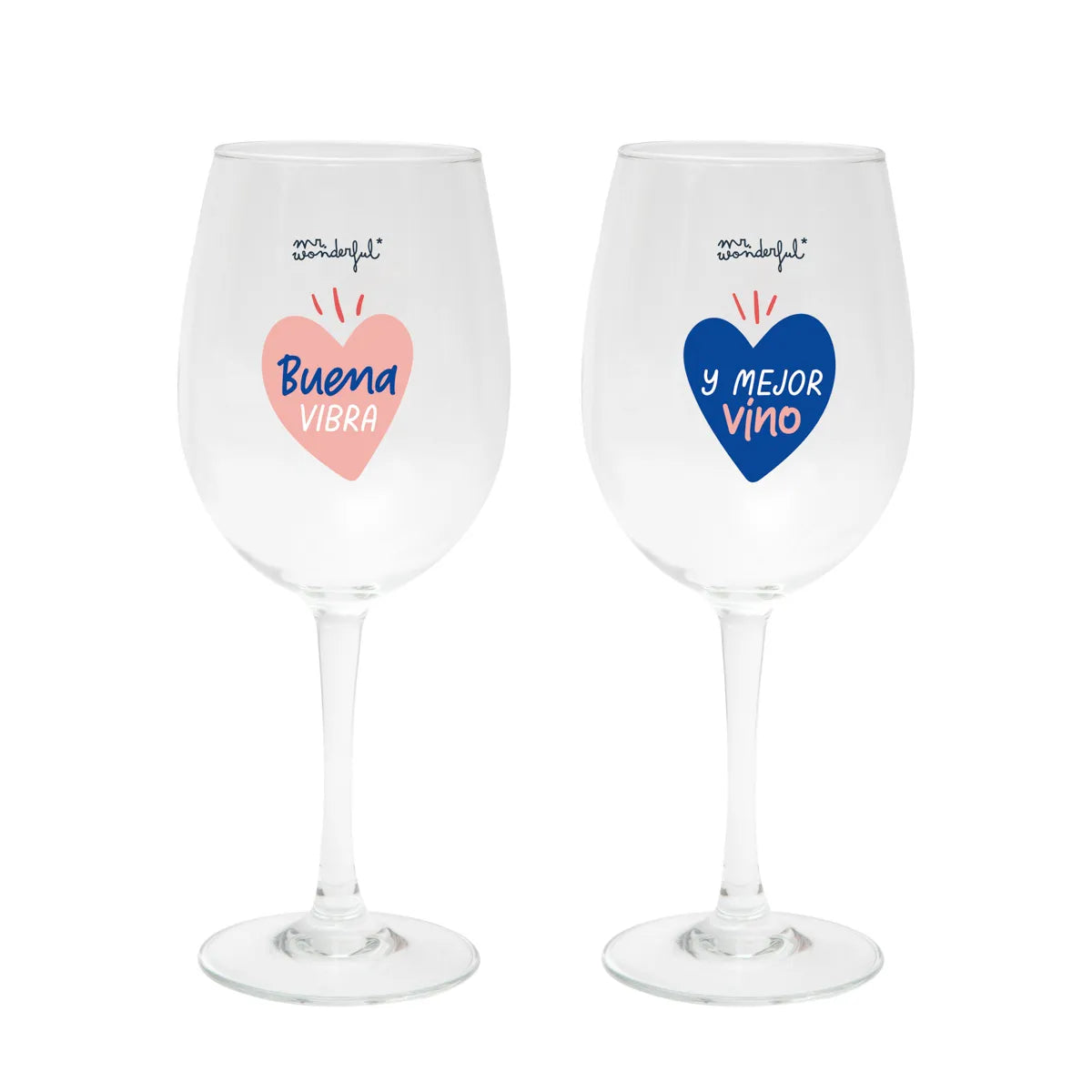 Pair of wine glasses side by side: pink heart “Buena vibra” and blue heart “y mejor vino.”