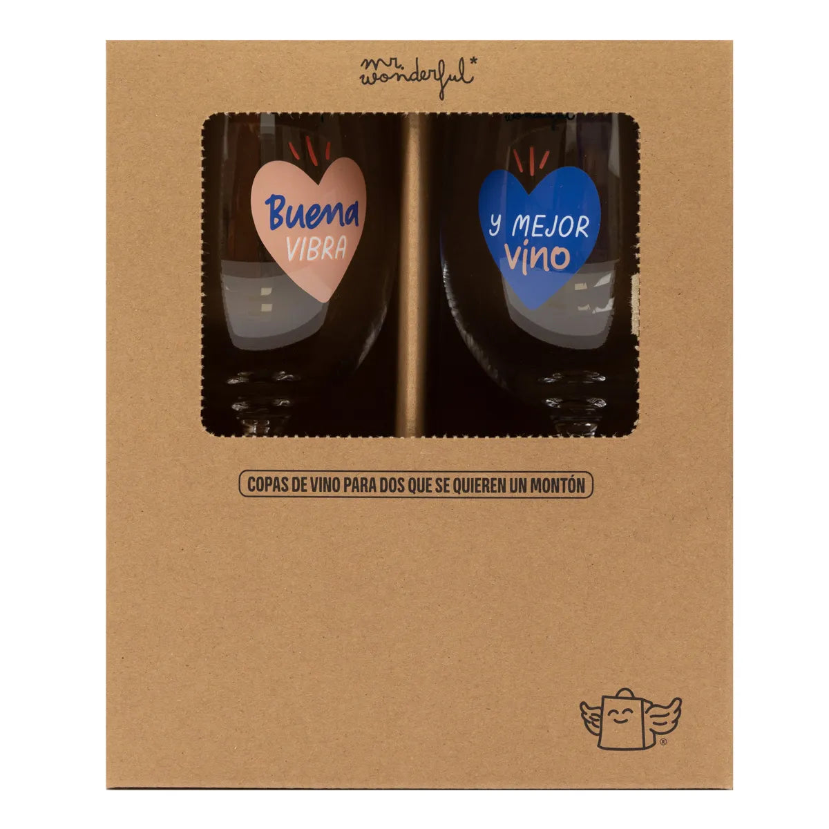 Set of two wine glasses in a kraft gift box with heart designs that read “Buena vibra” and “y mejor vino.”