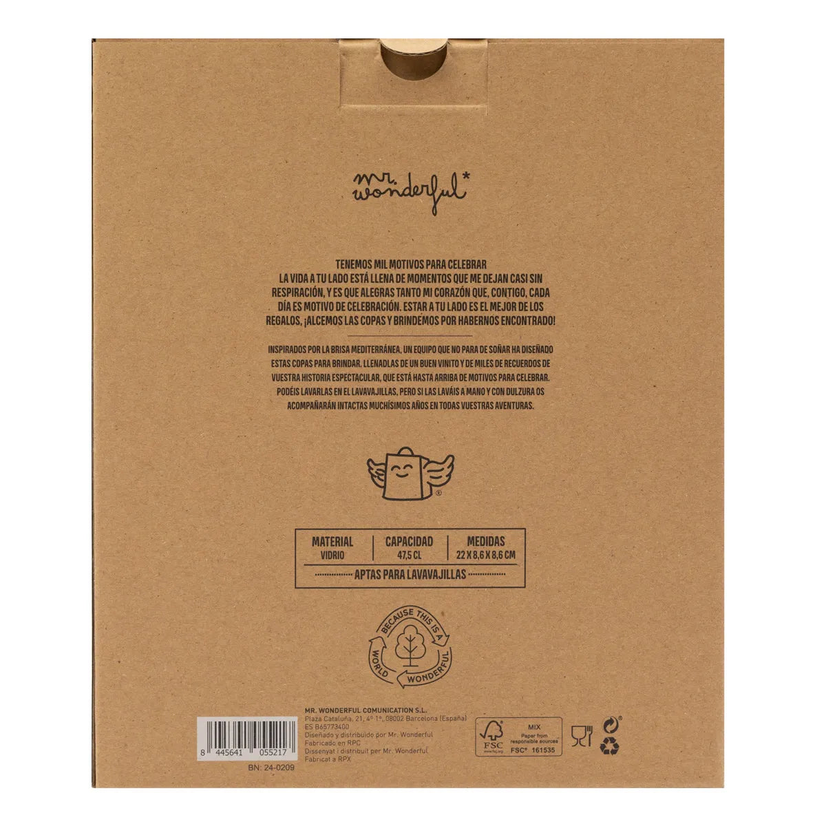 Set of two wine glasses in a kraft gift box with heart designs that read “Buena vibra” and “y mejor vino.”