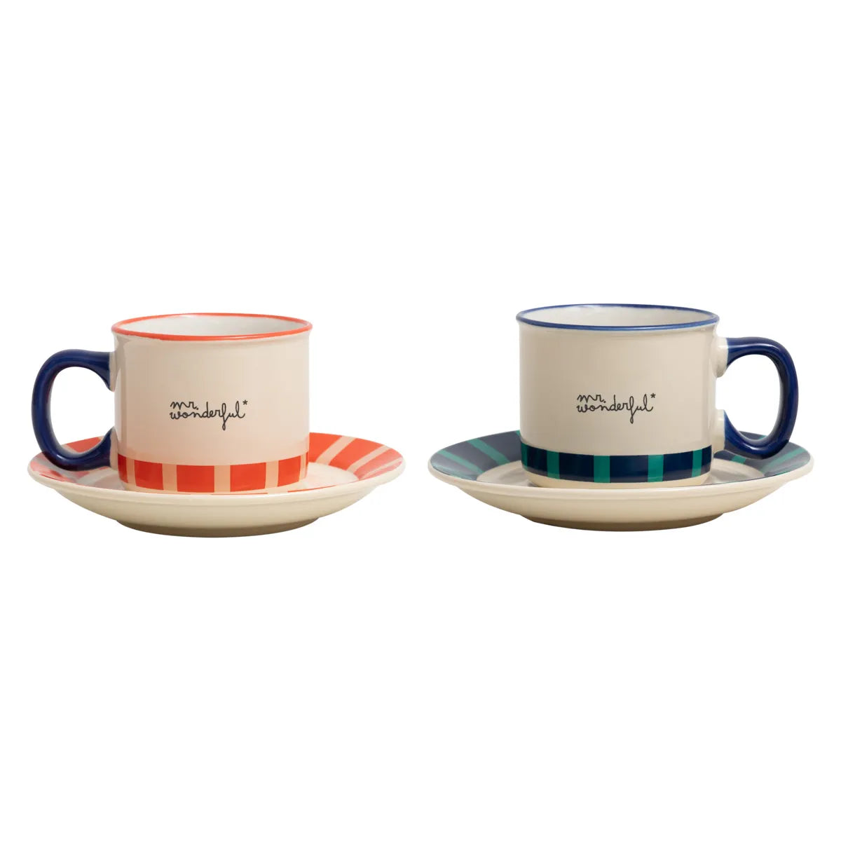 Pair of espresso cups with matching saucers—cream bodies, navy handles, and striped bands (coral/red and blue/green).