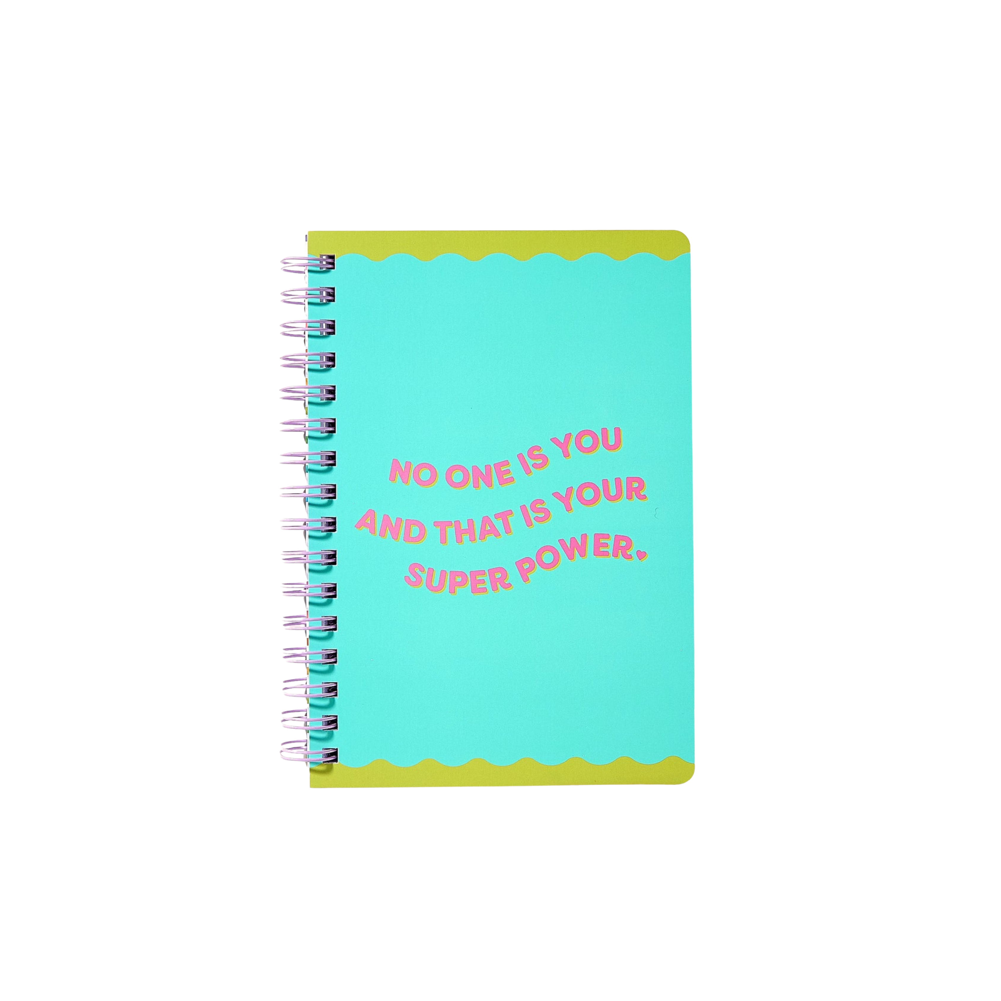 Spiral notebook with teal cover and pink text reading “No One Is You And That Is Your Super Power” – Funky Confetti