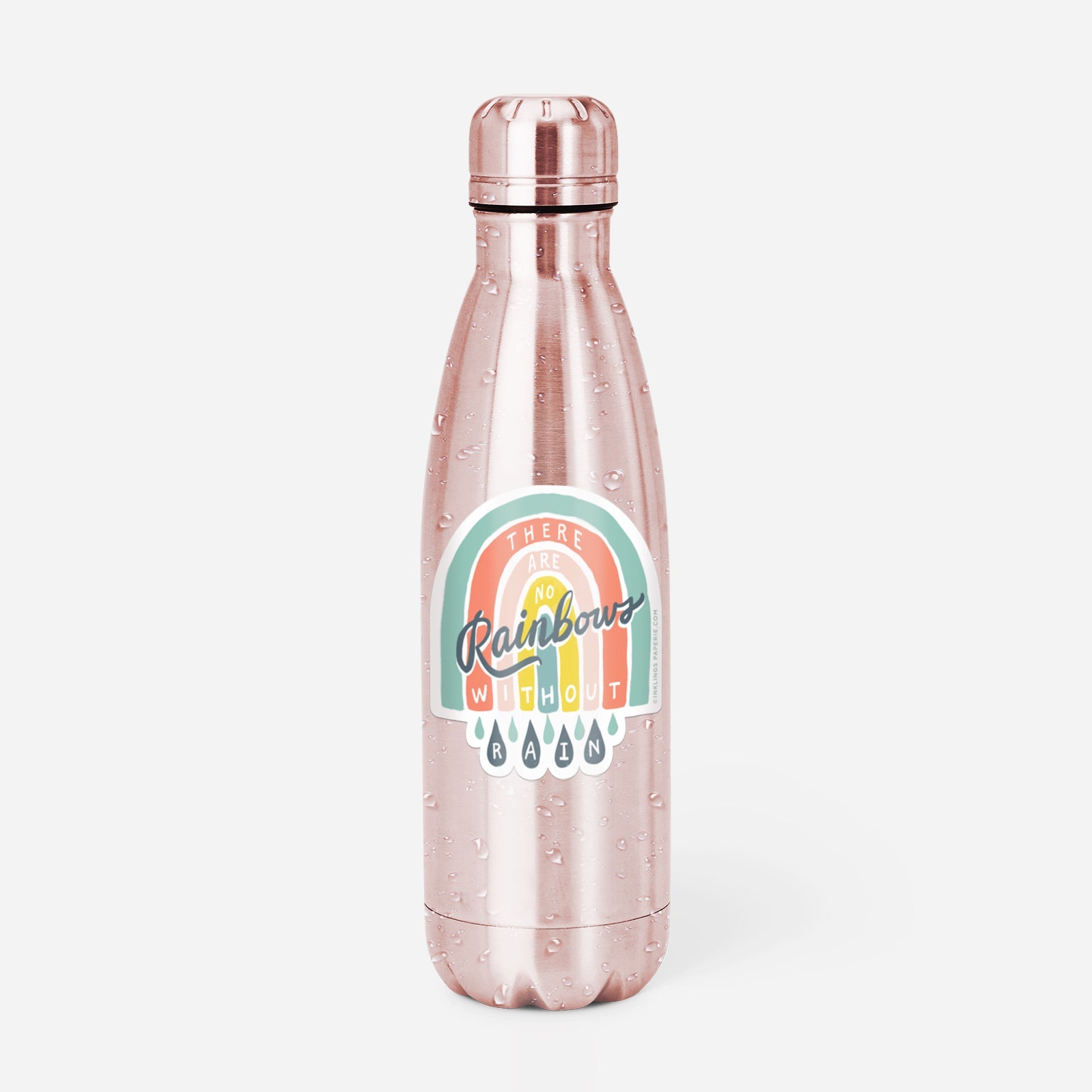 Vinyl sticker that says “There Are No Rainbows Without Rain” with a rainbow and raindrop design – Funky Confetti