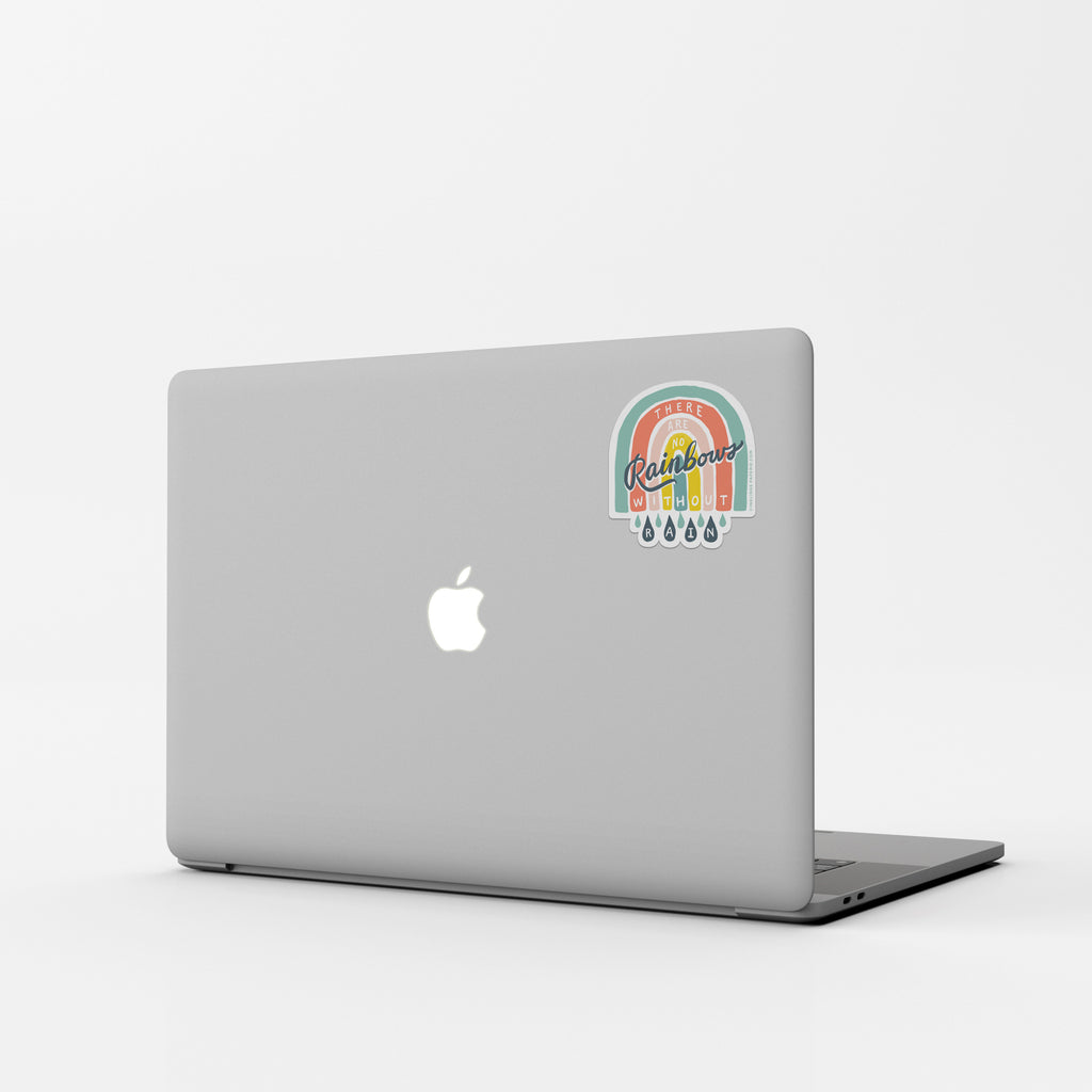 Vinyl sticker that says “There Are No Rainbows Without Rain” with a rainbow and raindrop design – Funky Confetti
