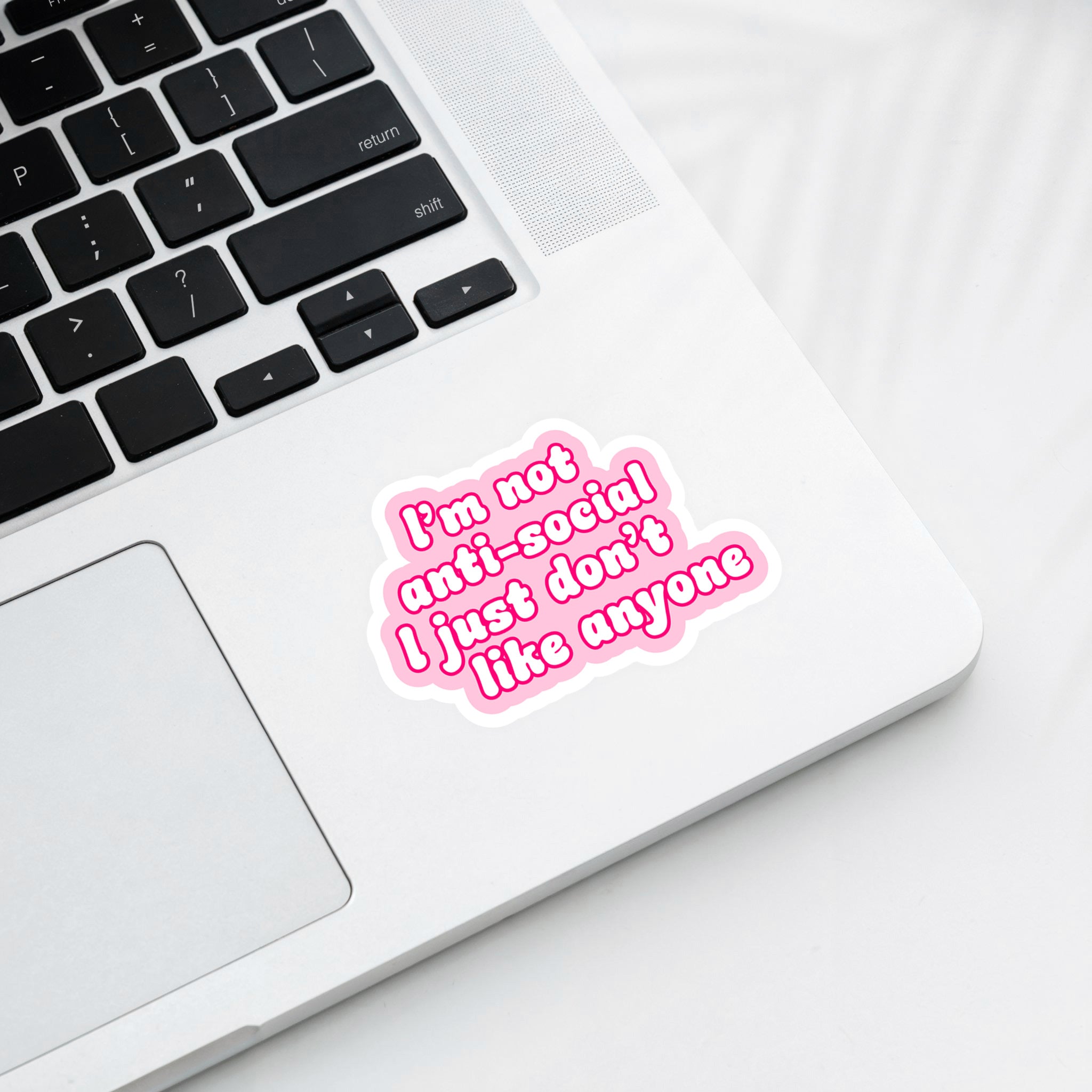 Vinyl sticker with phrase “I’m Not Anti-Social, I Just Don’t Like Anyone” in bold pink typography – Funky Confetti