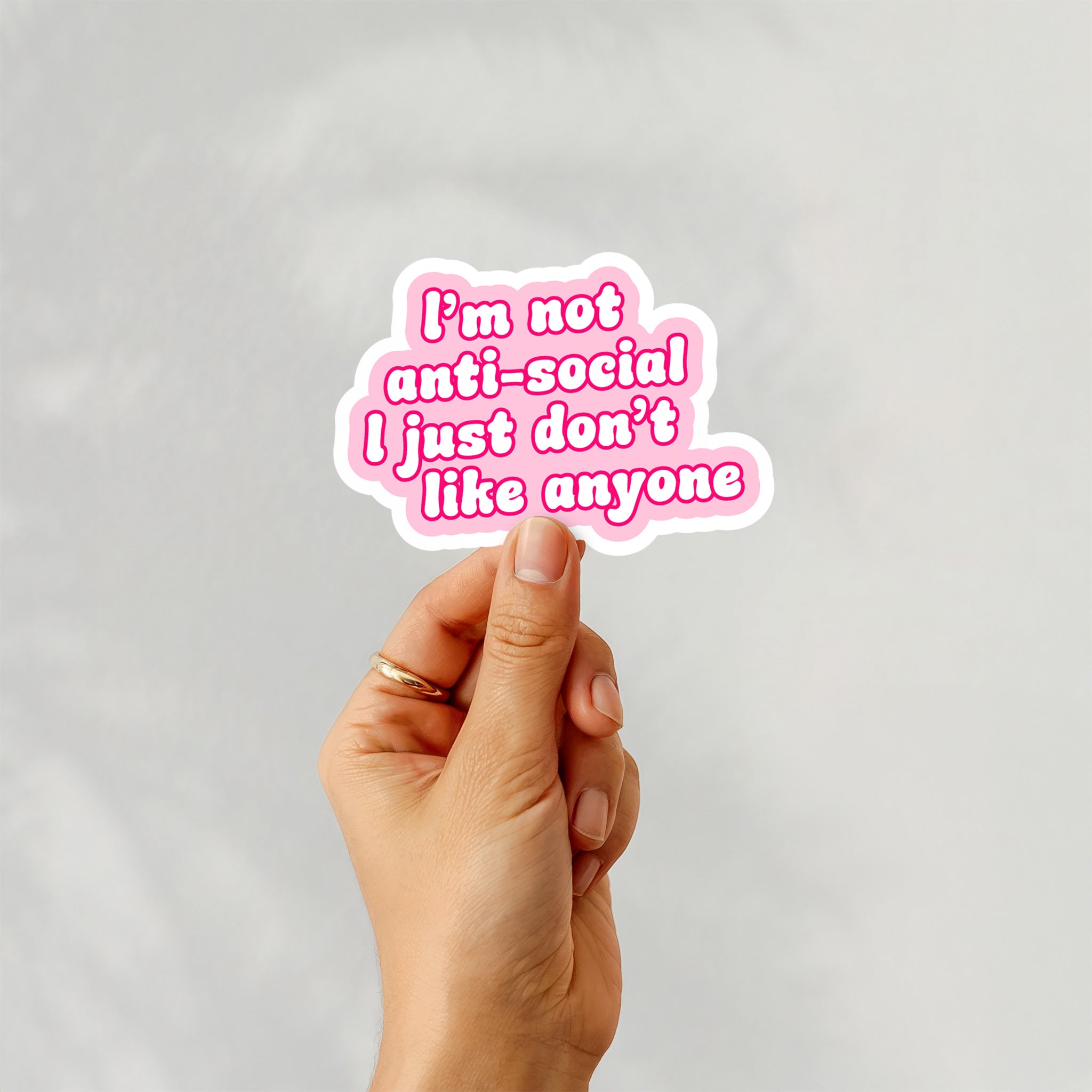 Vinyl sticker with phrase “I’m Not Anti-Social, I Just Don’t Like Anyone” in bold pink typography – Funky Confetti