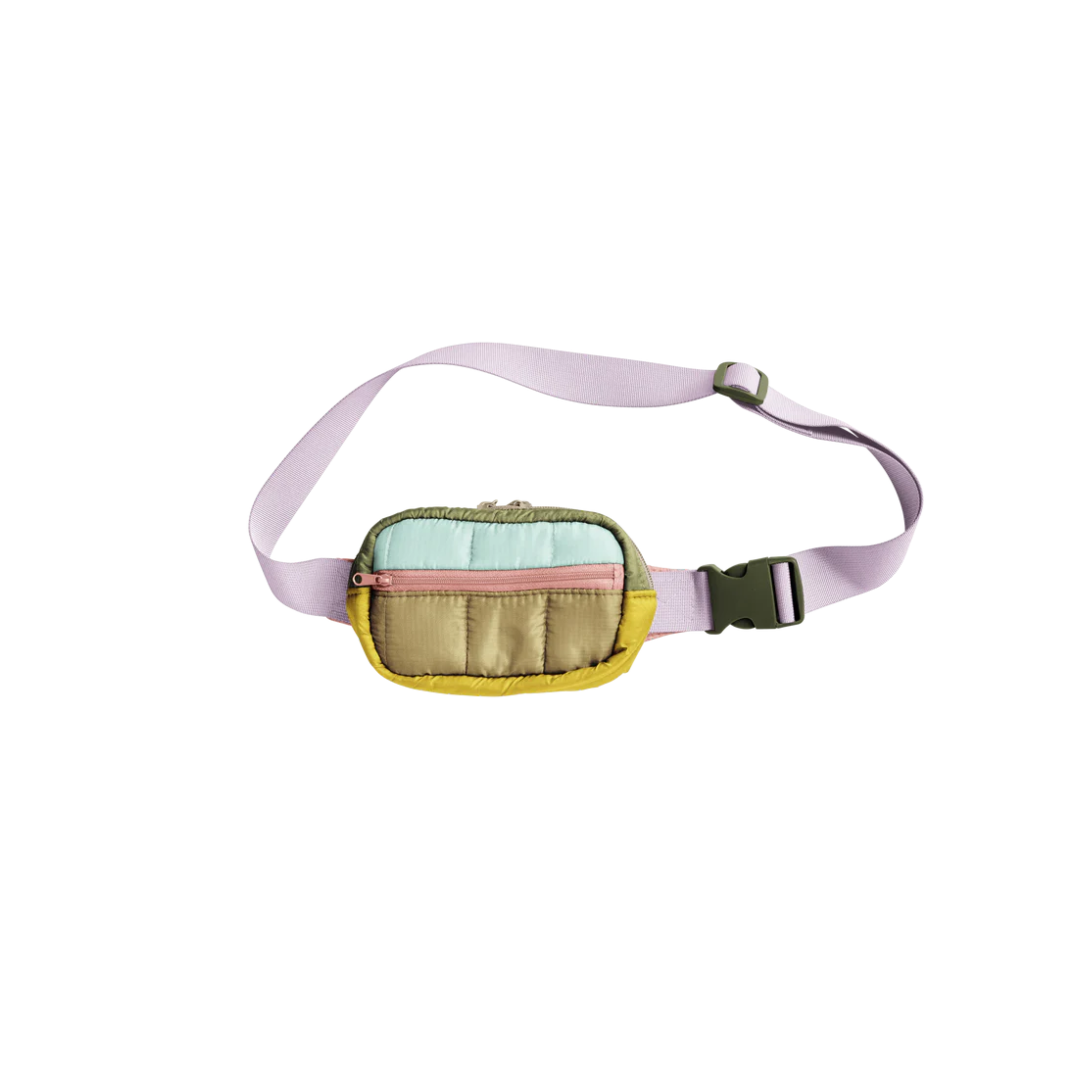 Colorblock puffy fanny pack in olive, lilac, and yellow with adjustable strap made from recycled materials by Funky Confetti