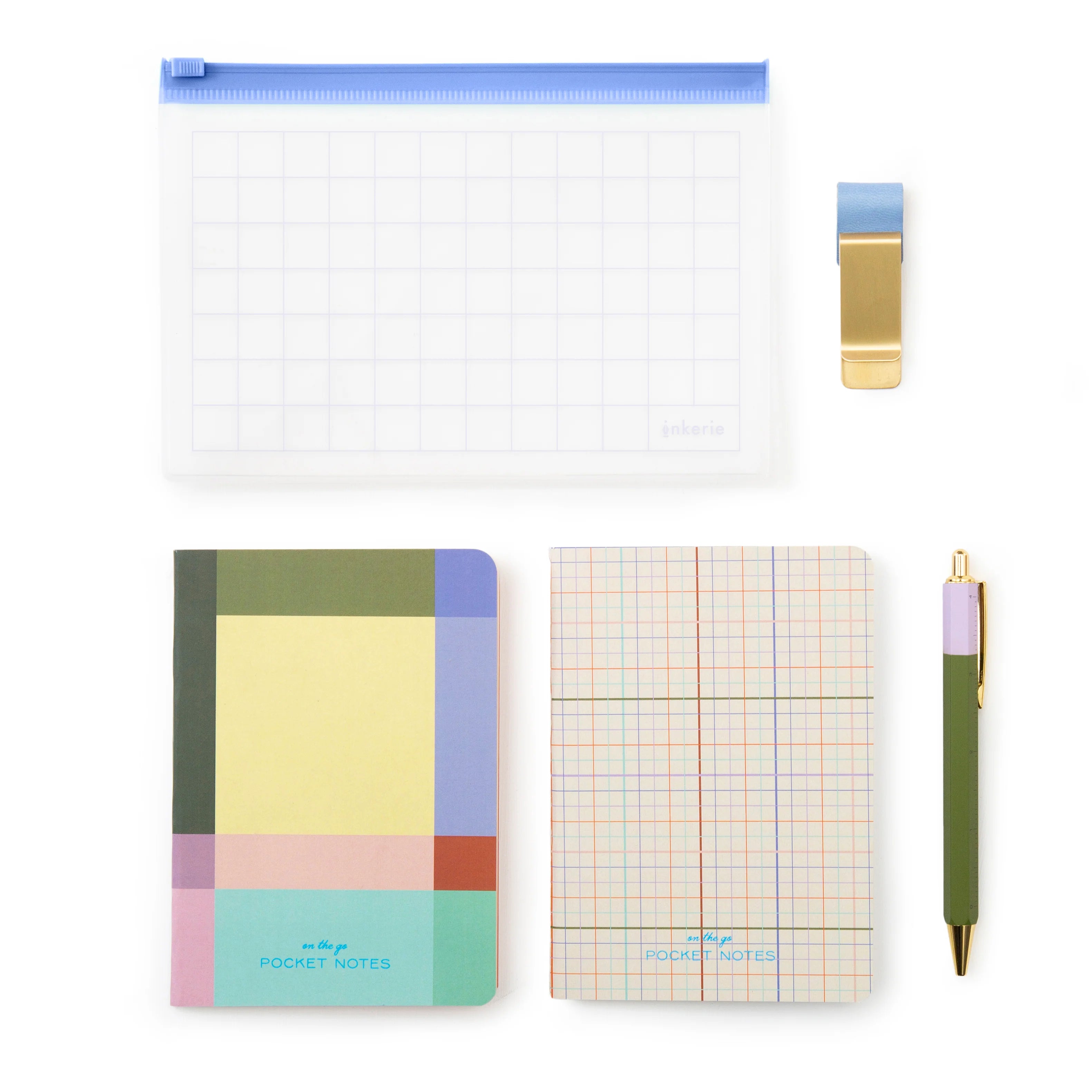 Compact stationery set with two colorful A6 notebooks, pen, clip, and reusable grid pouch – Funky Confetti