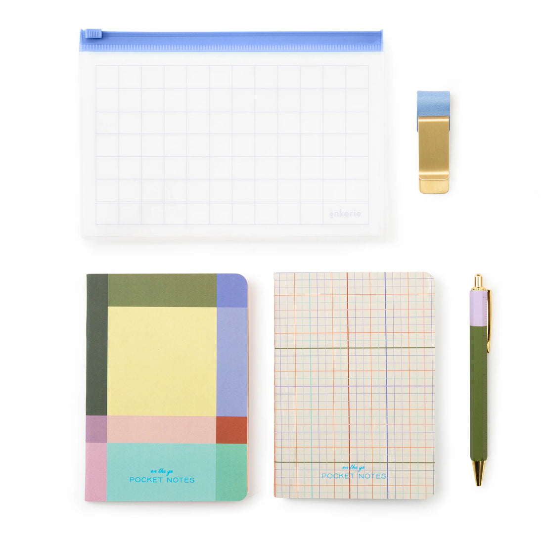 Compact stationery set with two colorful A6 notebooks, pen, clip, and reusable grid pouch – Funky Confetti