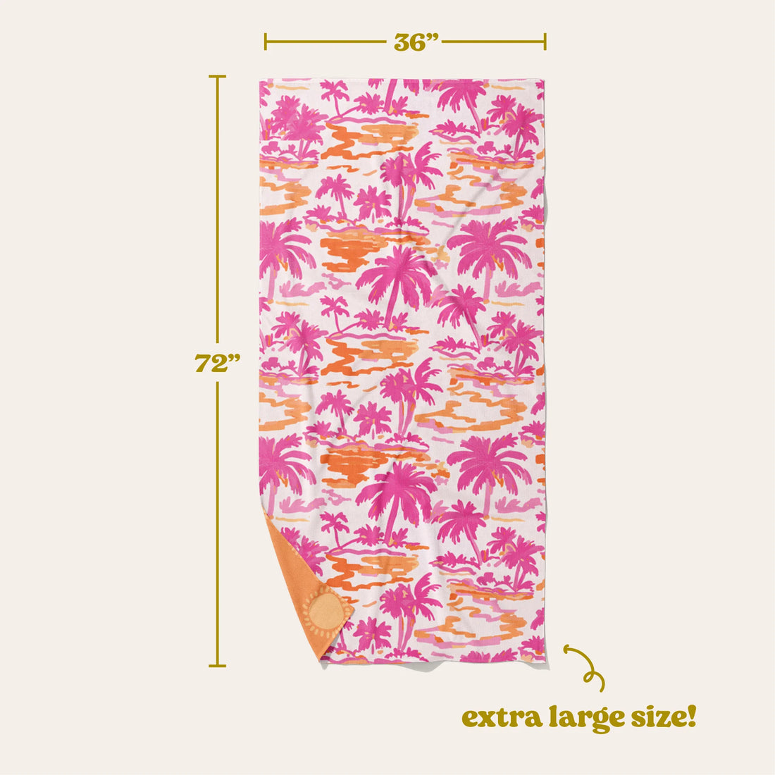 Tropical palm print XL quick-dry microfiber beach towel in pink and orange with matching drawstring bag from Funky Confetti