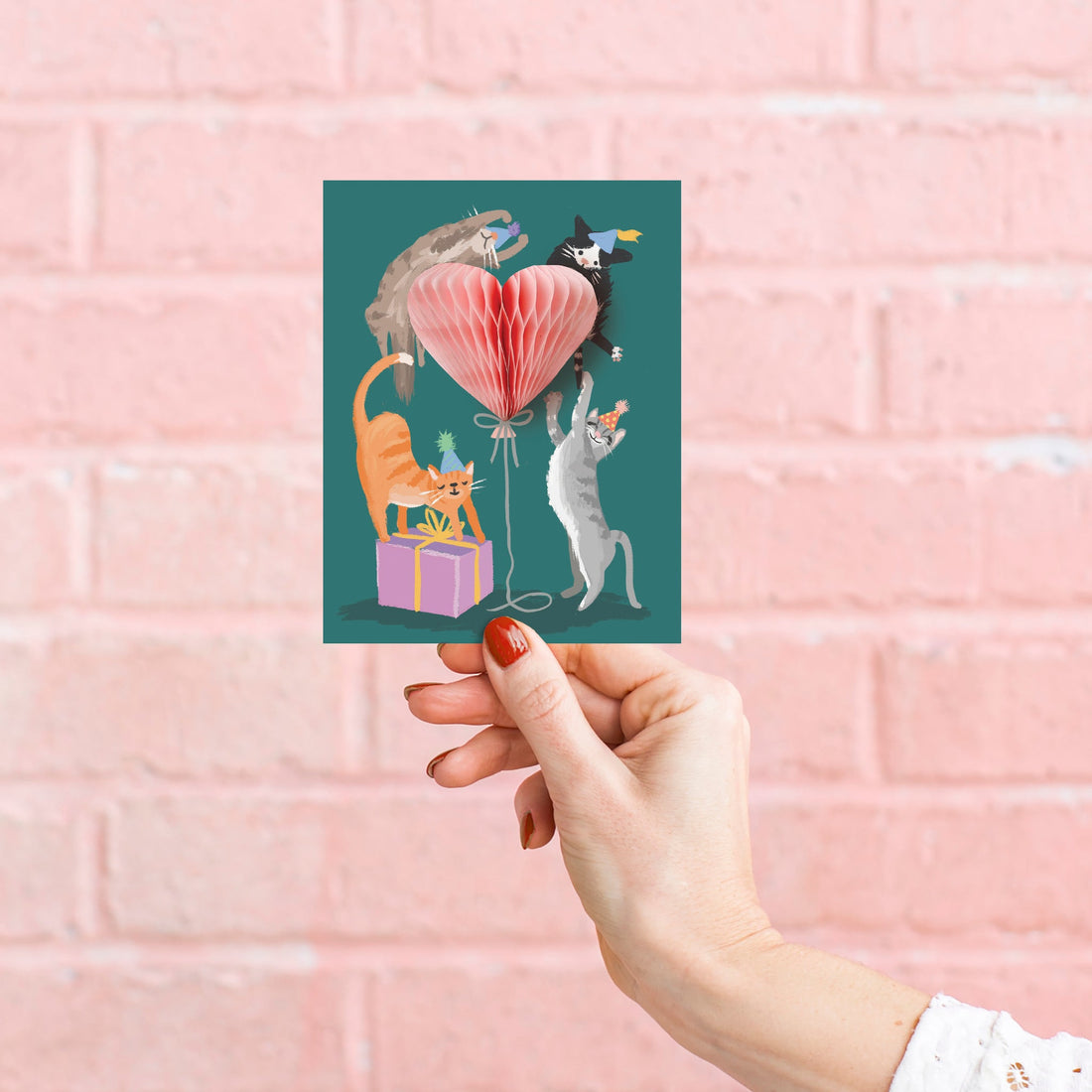 Party Kittens Birthday Greeting Card with 3D heart balloon and playful cats – Funky Confetti