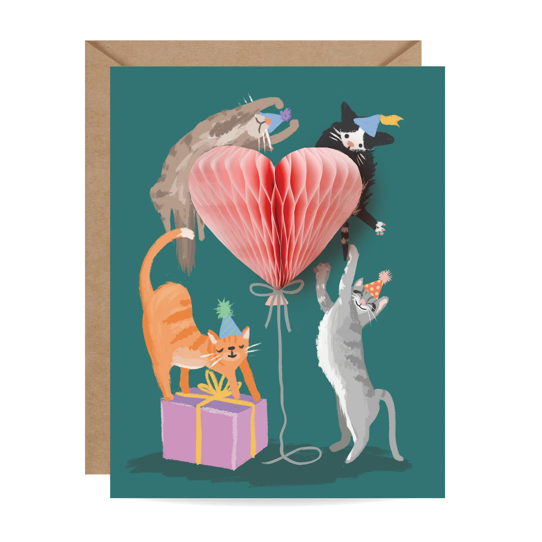 Party Kittens Birthday Greeting Card with 3D heart balloon and playful cats – Funky Confetti