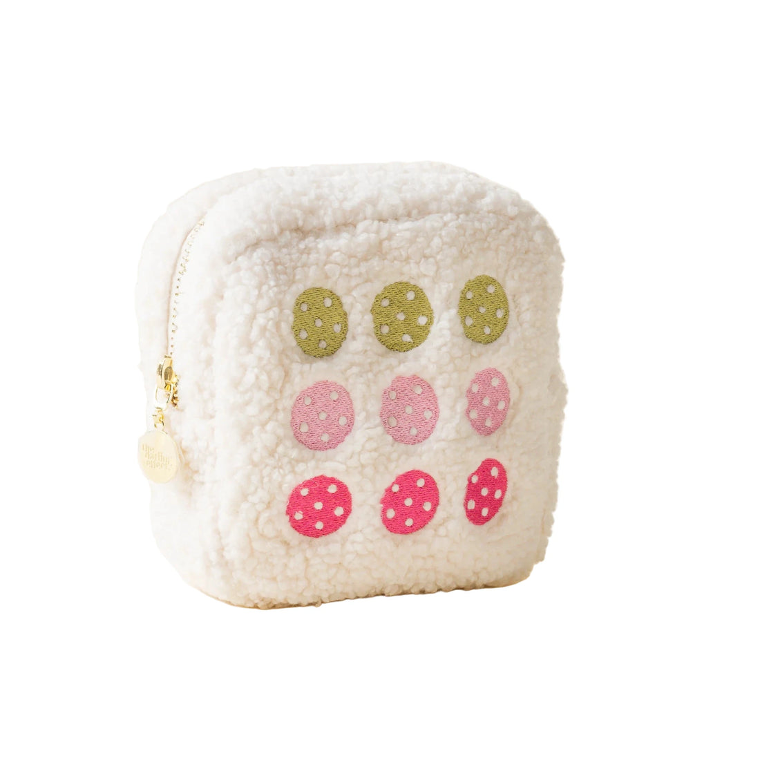 Cozy sherpa pickleball pouch with gold zipper and embroidered pickleball design – Funky Confetti