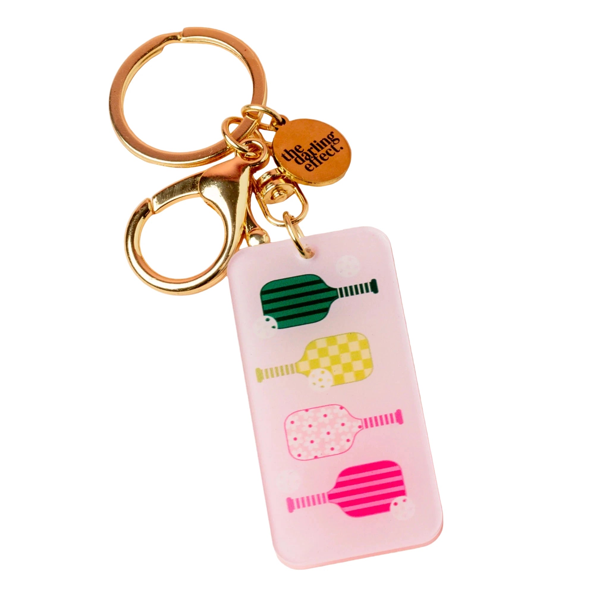 Colorful pickleball paddle acrylic keychain with gold hardware and logo charm – Funky Confetti