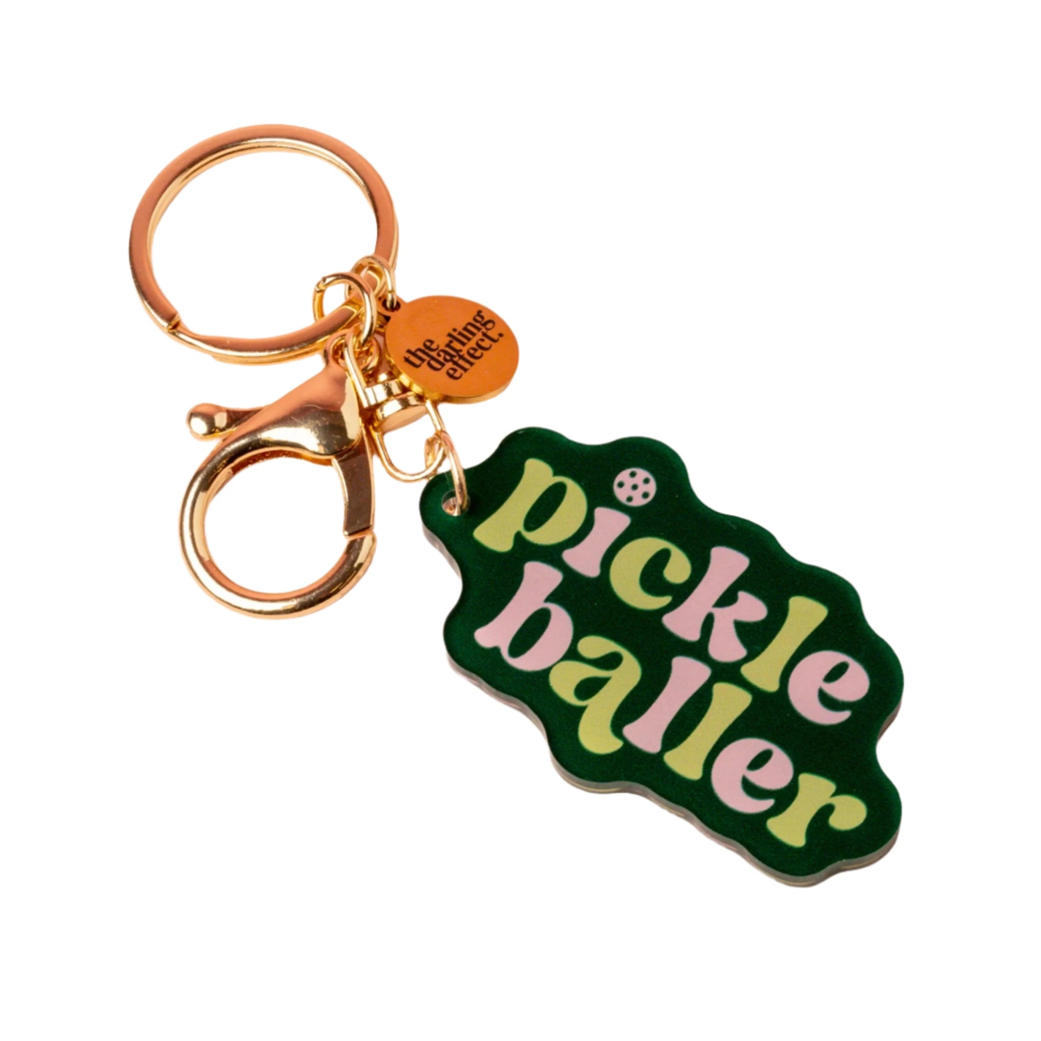 Acrylic keychain with gold hardware and retro text that says “pickleballer” in pink and green – Funky Confetti