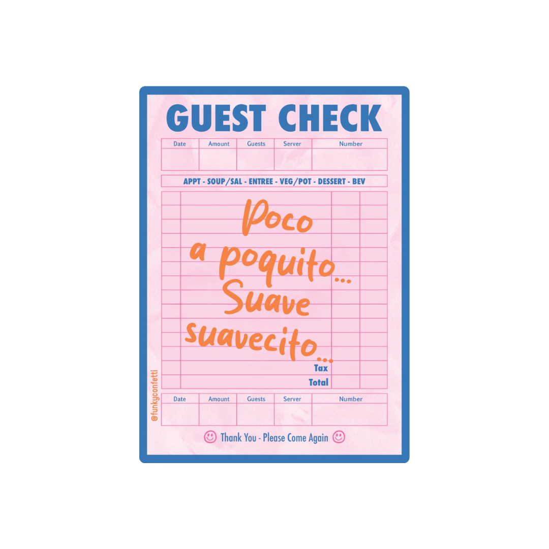 Retro style Poco A Poquito waterproof vinyl sticker with pink guest check inspired design and matte finish