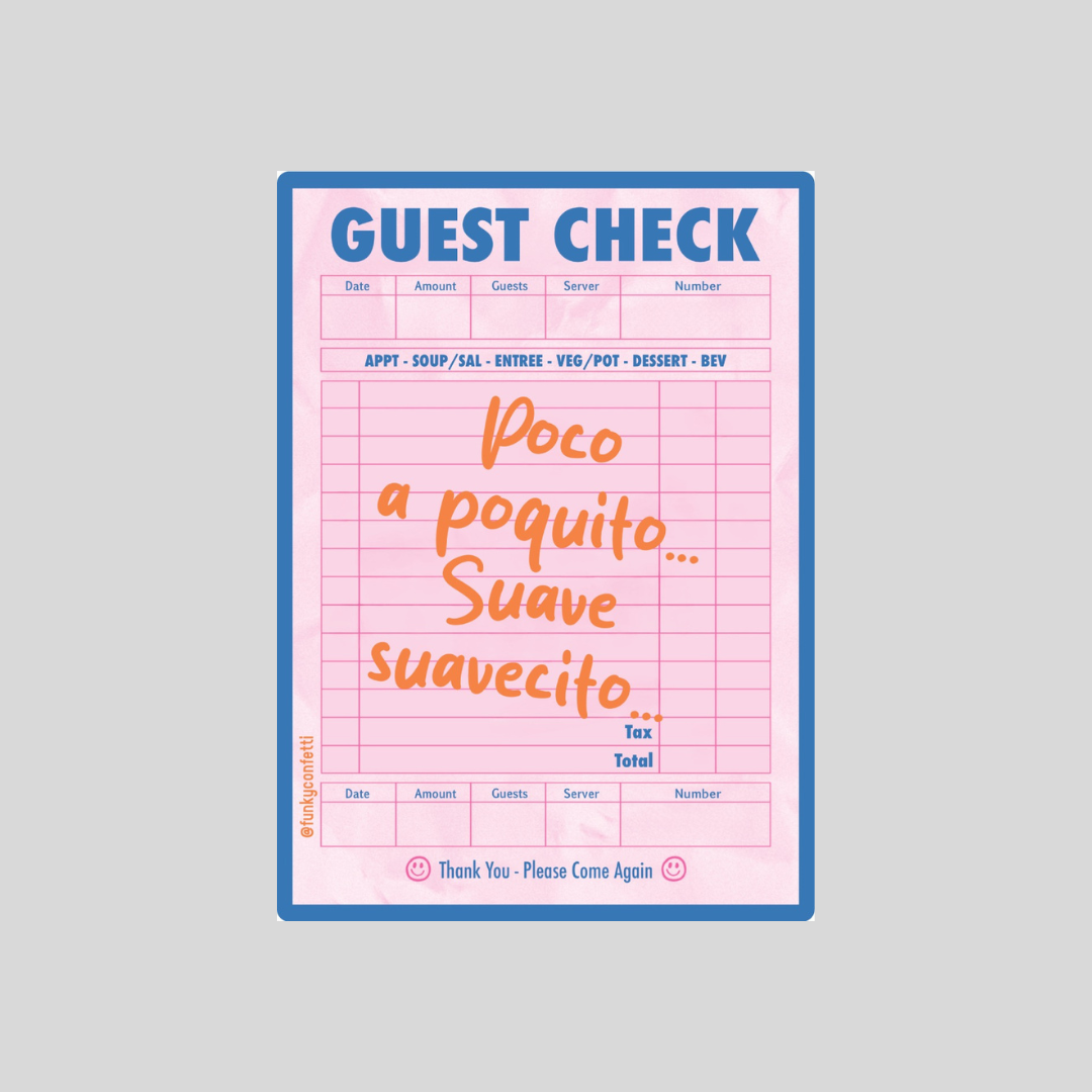 Retro style Poco A Poquito waterproof vinyl sticker with pink guest check inspired design and matte finish