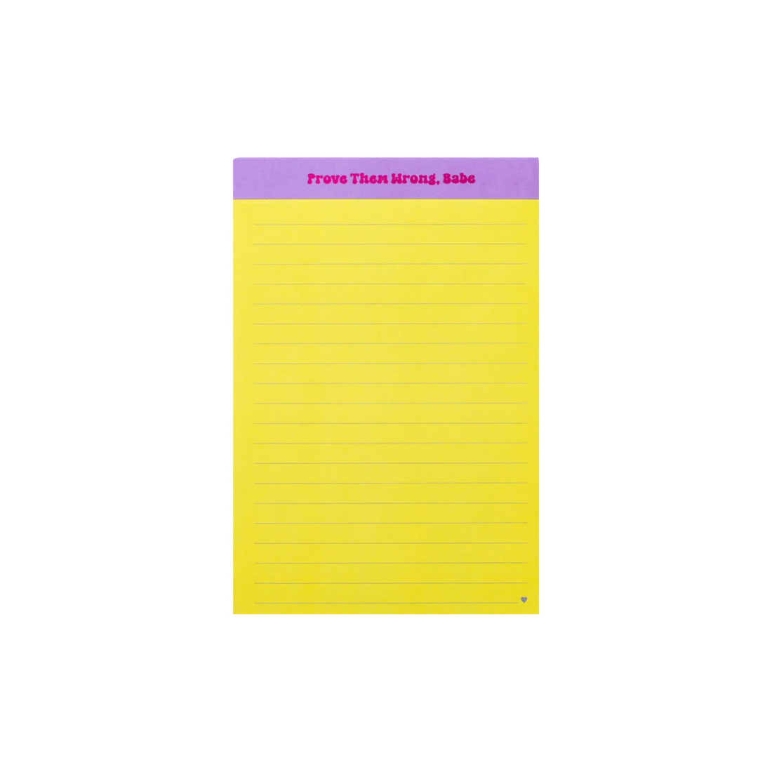Yellow motivational notepad with purple header reading “Prove Them Wrong, Babe” – Funky Confetti