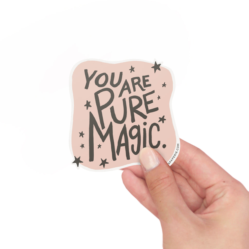 You Are Pure Magic vinyl sticker with hand-lettered design on blush background – Funky Confetti