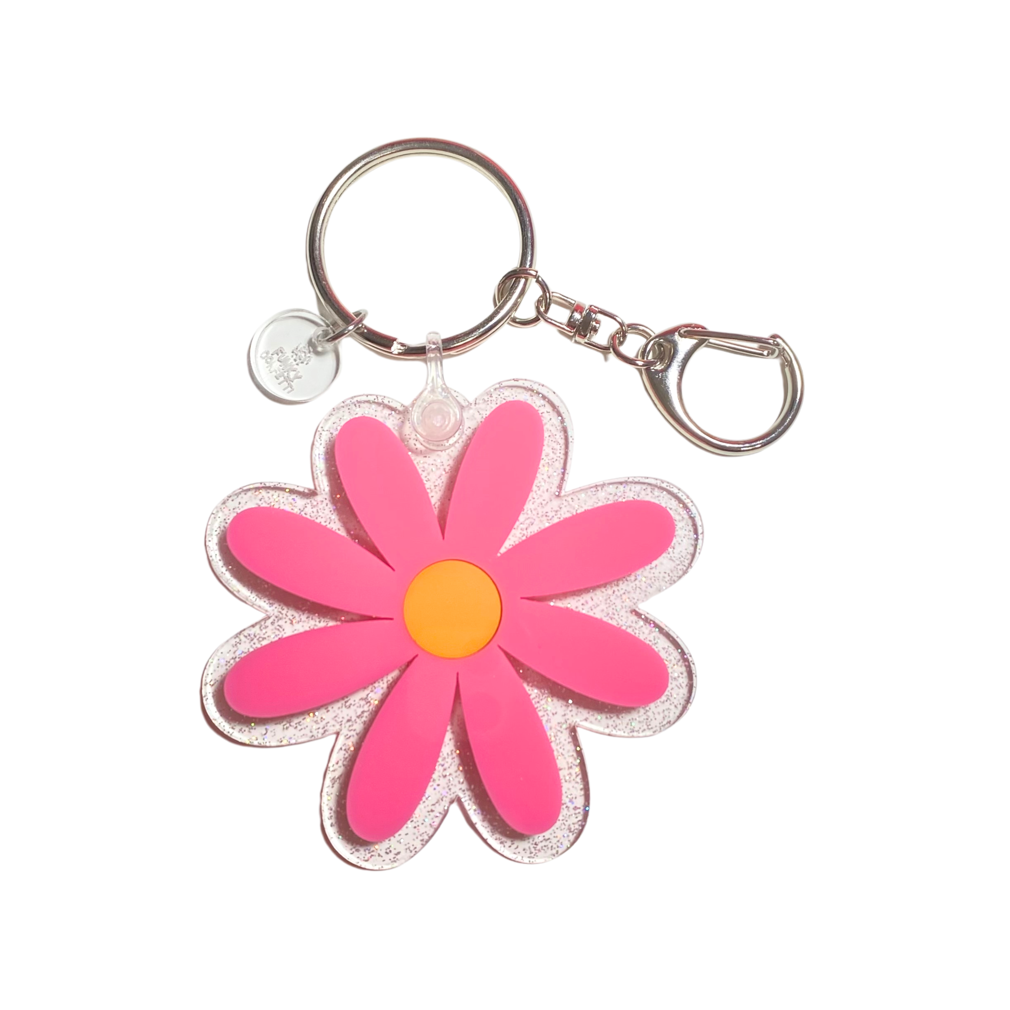Colorful retro flower acrylic keychain with sparkly daisy charm available in pink, teal, and orange designs from Funky Confetti