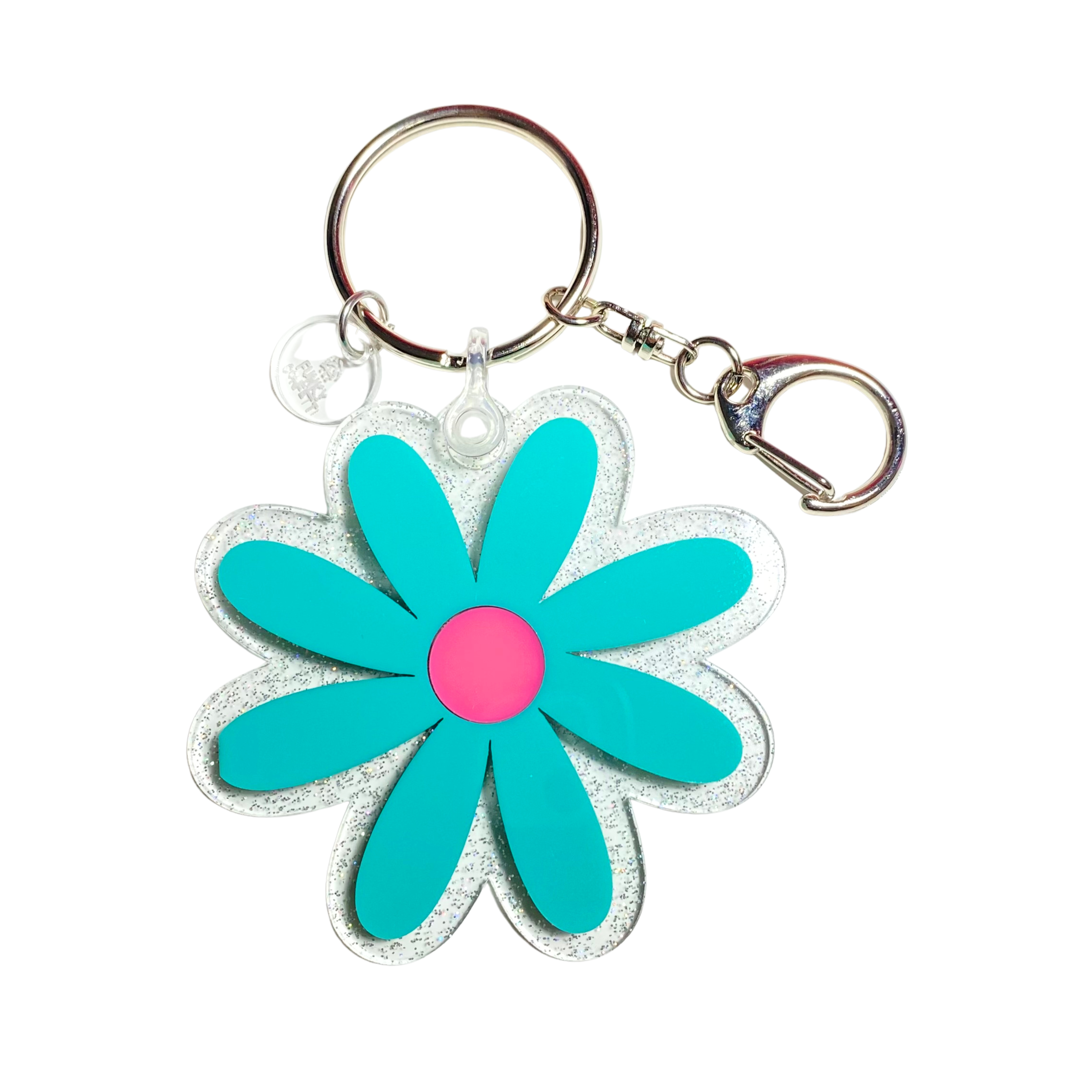 Colorful retro flower acrylic keychain with sparkly daisy charm available in pink, teal, and orange designs from Funky Confetti