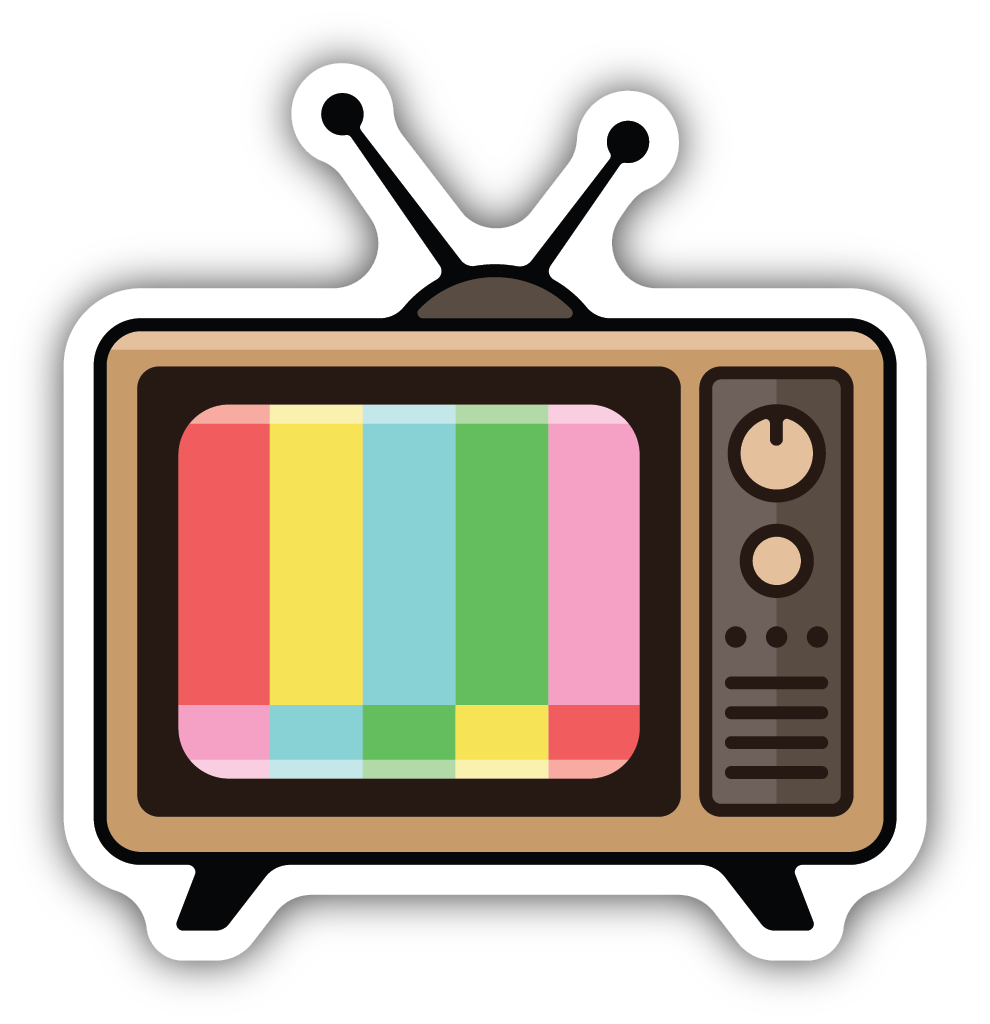 Retro television sticker with rainbow color bars and antenna.