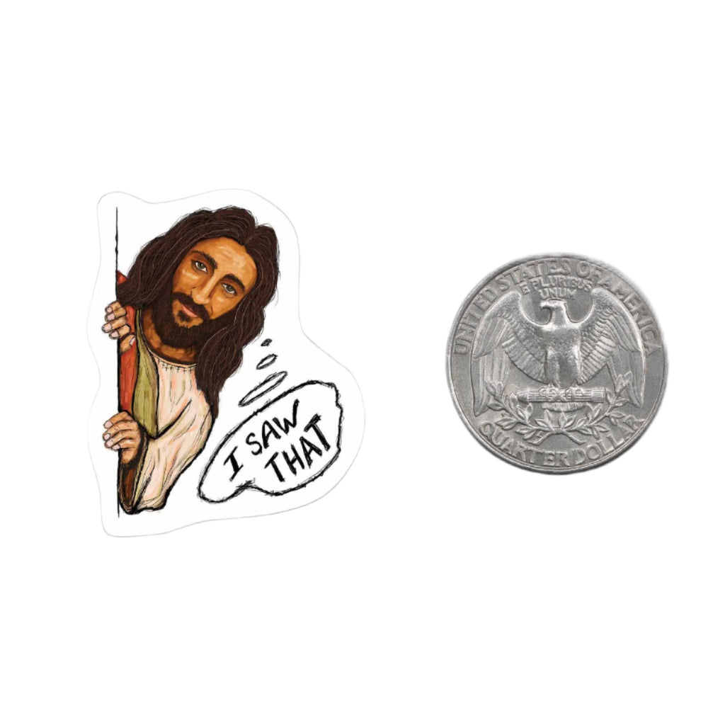 Saw That Mini Sticker with Jesus peeking and text “I Saw That” – Funky Confetti