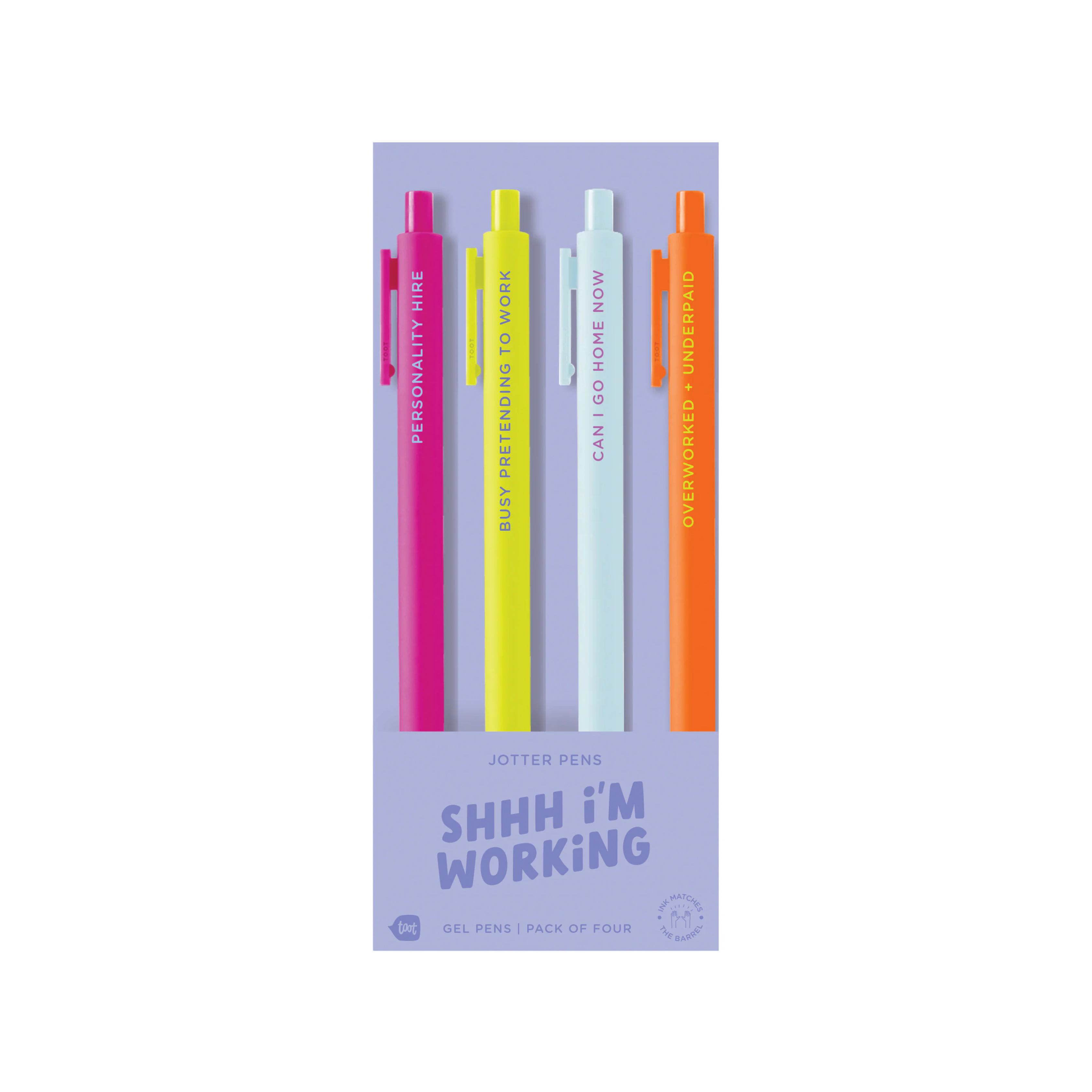Colorful funny office gel pens – Shhh I’m Working Pen Set by Funky Confetti