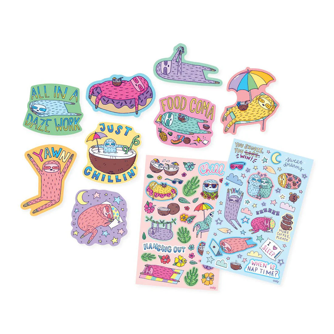 Sleepy Sloths coconut-scented sticker set with die-cut and sheet stickers featuring tropical sloth designs – Funky Confetti