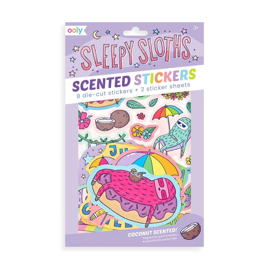 Sleepy Sloths coconut-scented sticker set with die-cut and sheet stickers featuring tropical sloth designs – Funky Confetti