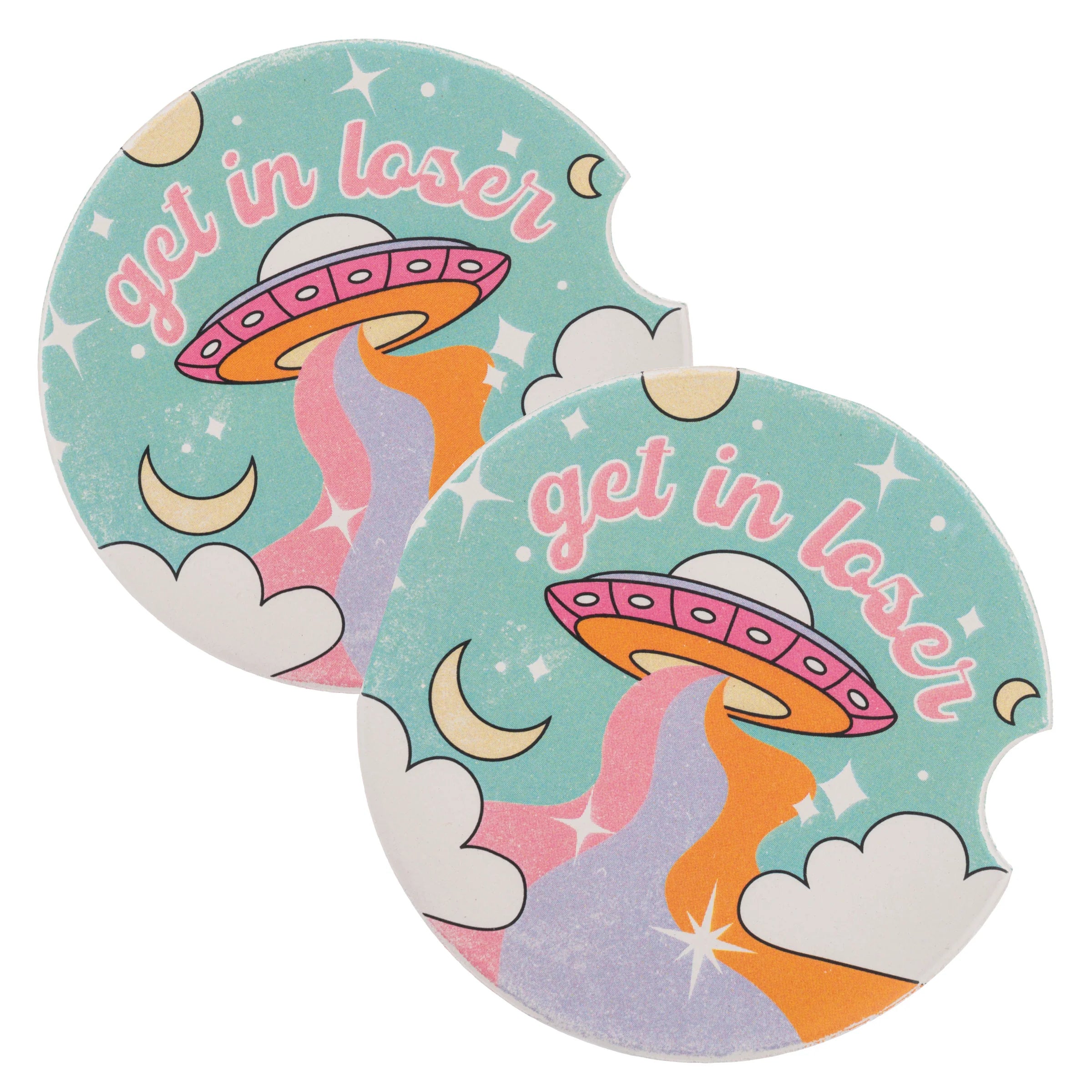 Space Car Coasters with colorful UFO “Get in Loser” design – Funky Confetti