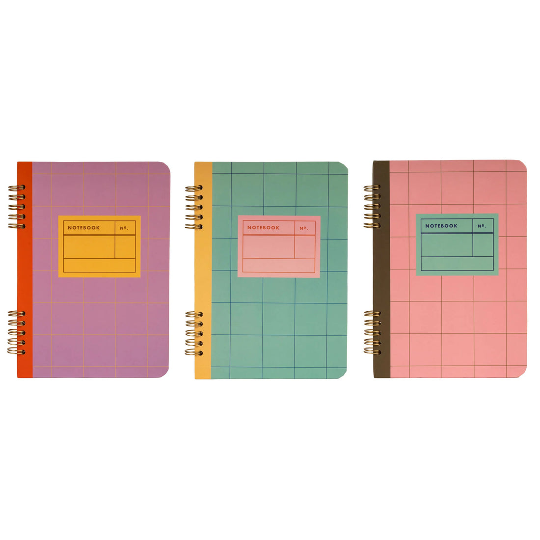 Three colorful spiral bound A5 notebooks with grid covers and lined pages – Funky Confetti stationery collection