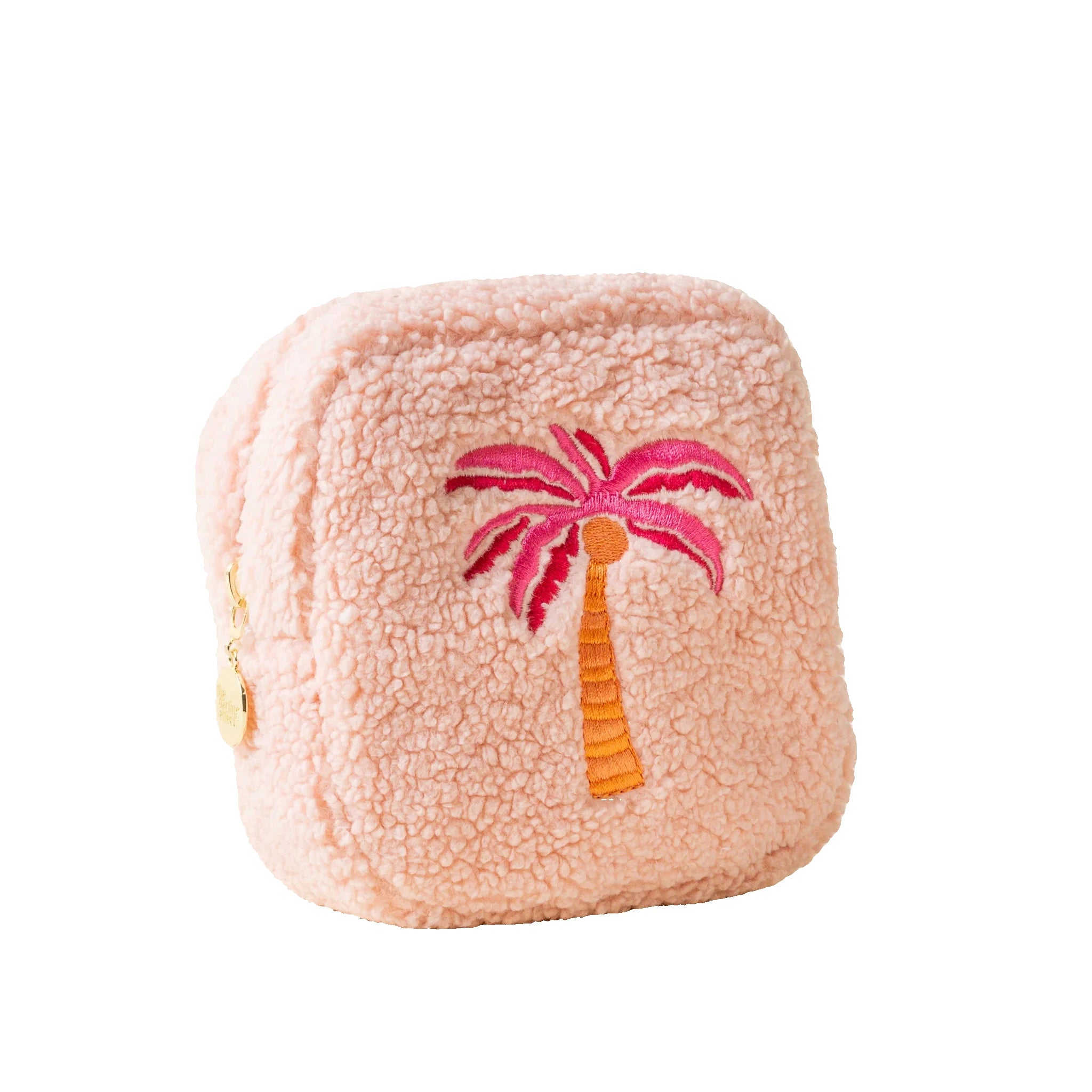 Peach sherpa square teddy pouch with pink palm tree embroidery and gold zipper from Funky Confetti