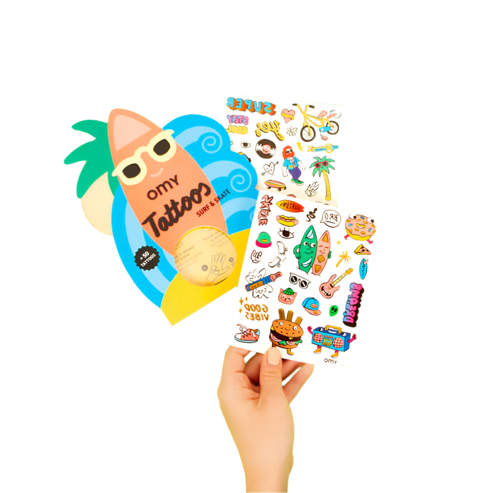 Surf & Skate temporary tattoos set with 50 colorful and gold designs, safe and easy to apply – Funky Confetti