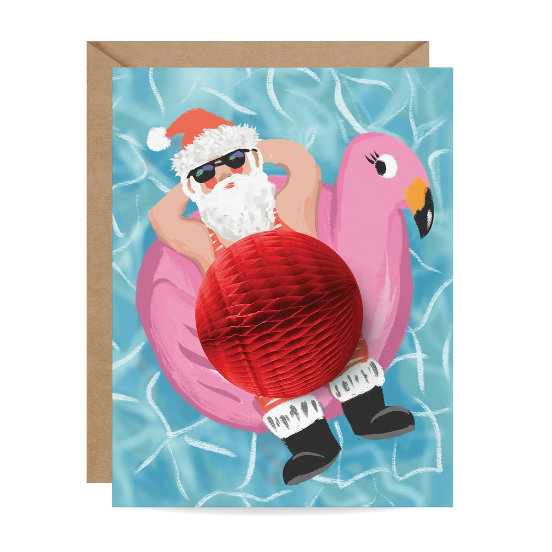 Christmas greeting card featuring Santa relaxing on a pink flamingo float with a 3D red honeycomb belly – Funky Confetti