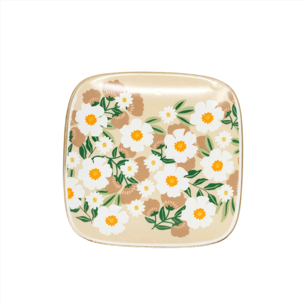 Tan Flowers Ceramic Trinket Tray