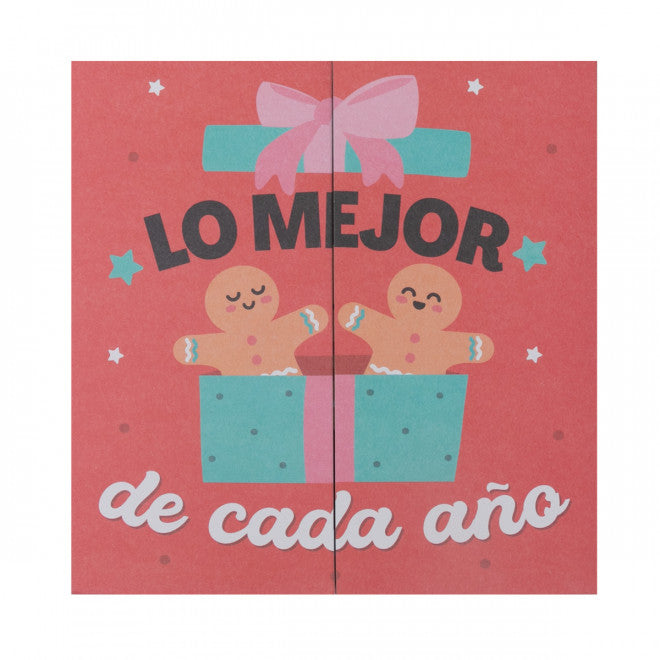 Christmas card with gingerbread characters and teal envelope reading “Lo Mejor de Cada Año”