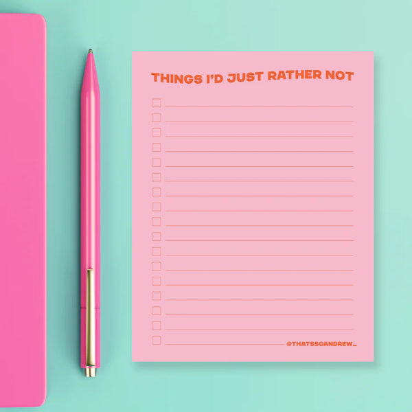 Pink snarky notepad titled “Things I’d Just Rather Not” with checkboxes, from Funky Confetti