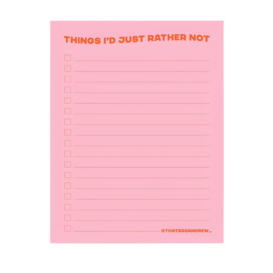 Pink snarky notepad titled “Things I’d Just Rather Not” with checkboxes, from Funky Confetti