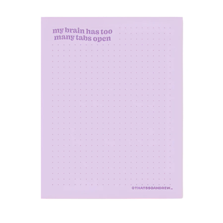 Pastel purple notepad with dot grid and quote “my brain has too many tabs open” from Funky Confetti