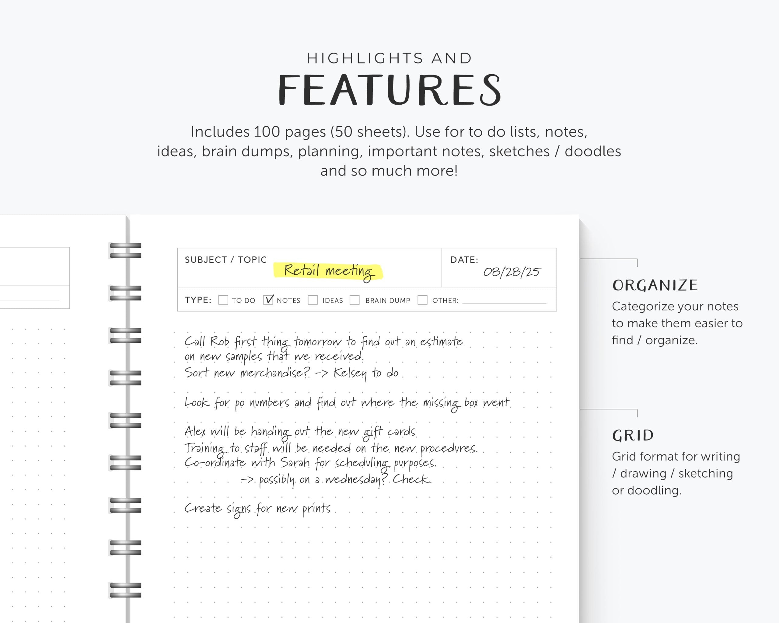 Inside view of spiral notebook showing dot grid pages with labeled sections for subject, date, and note type, plus highlights and features – Funky Confetti