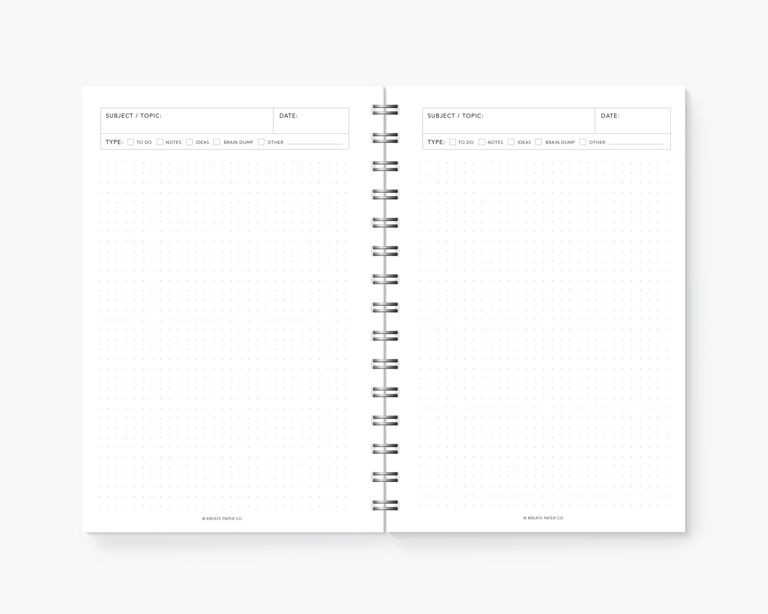 Open spiral notebook showing dot grid pages with sections for subject, date, and note type – Funky Confetti