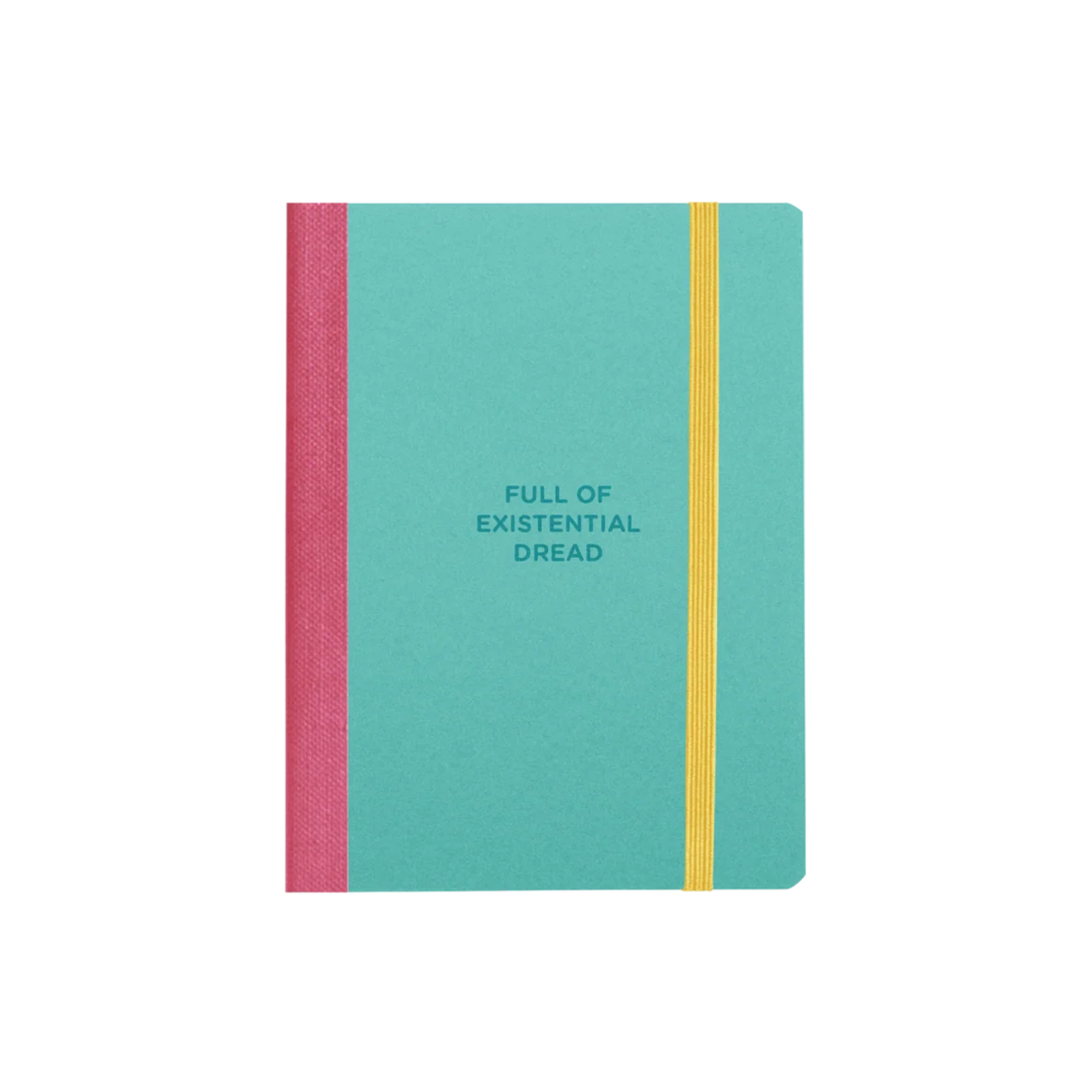 Mini notebook in teal with “Full of Existential Dread” text, yellow elastic band, and pink spine – Funky Confetti