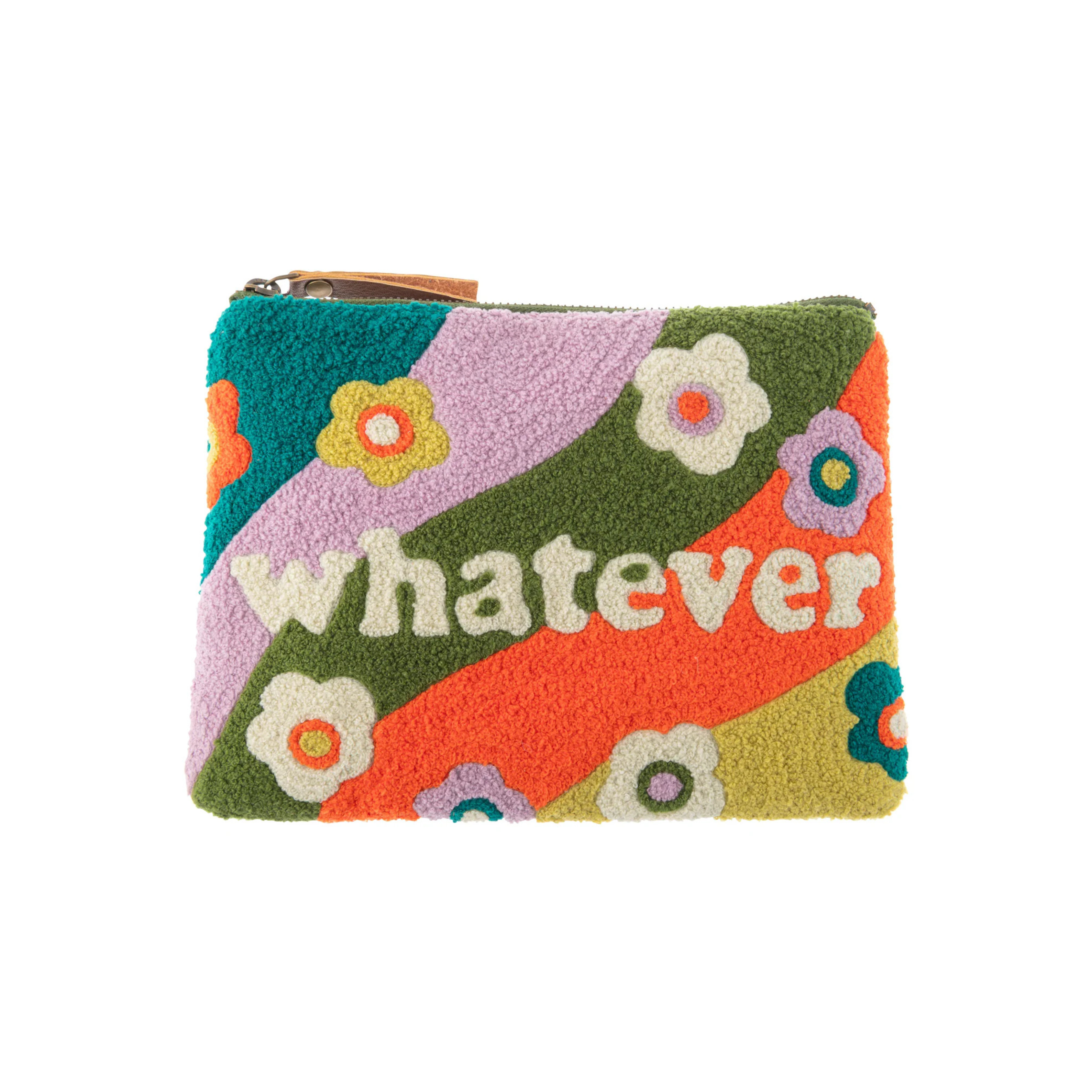 Colorful embroidered carry all pouch with floral design and “whatever” text from Funky Confetti