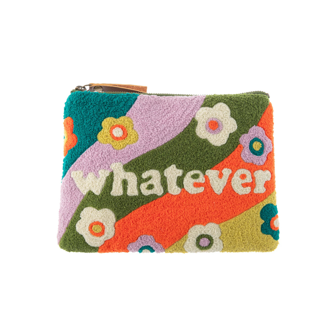 Colorful embroidered carry all pouch with floral design and “whatever” text from Funky Confetti