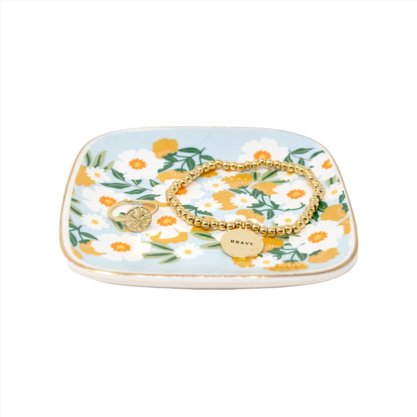 Blue Flowers Ceramic Trinket Tray - Floral Design with Gold Metallic Rim | 4.25” x 4.25” x 0.6