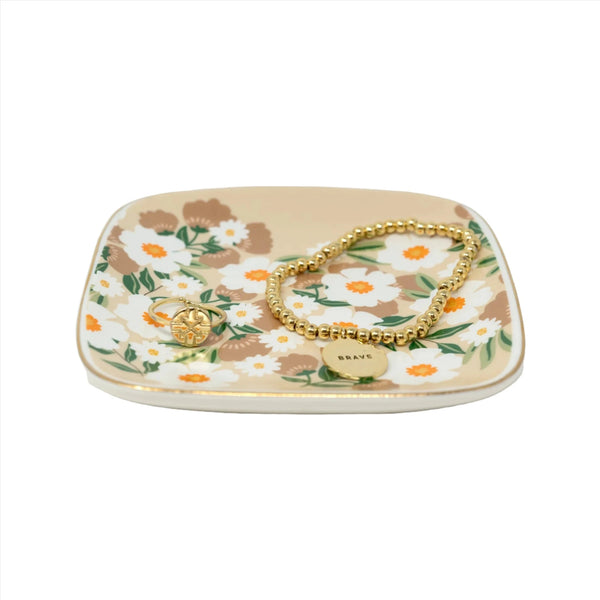 Tan Flowers Ceramic Trinket Tray